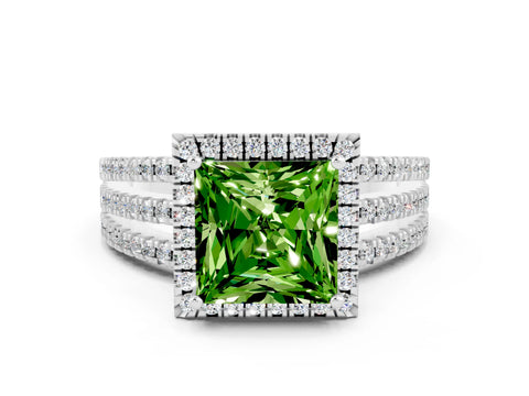 White gold {shape_name} Peridot Halo Engagement Ring with Split Shank and Four-Prong Setting_12