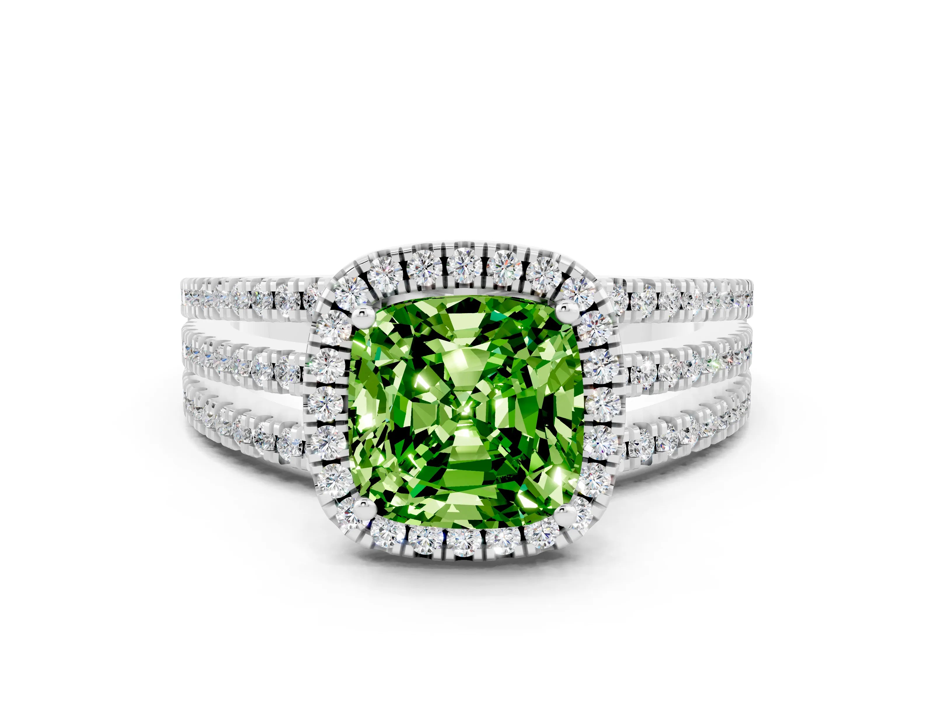 White gold {shape_name} Peridot Halo Engagement Ring with Split Shank and Four-Prong Setting_12
