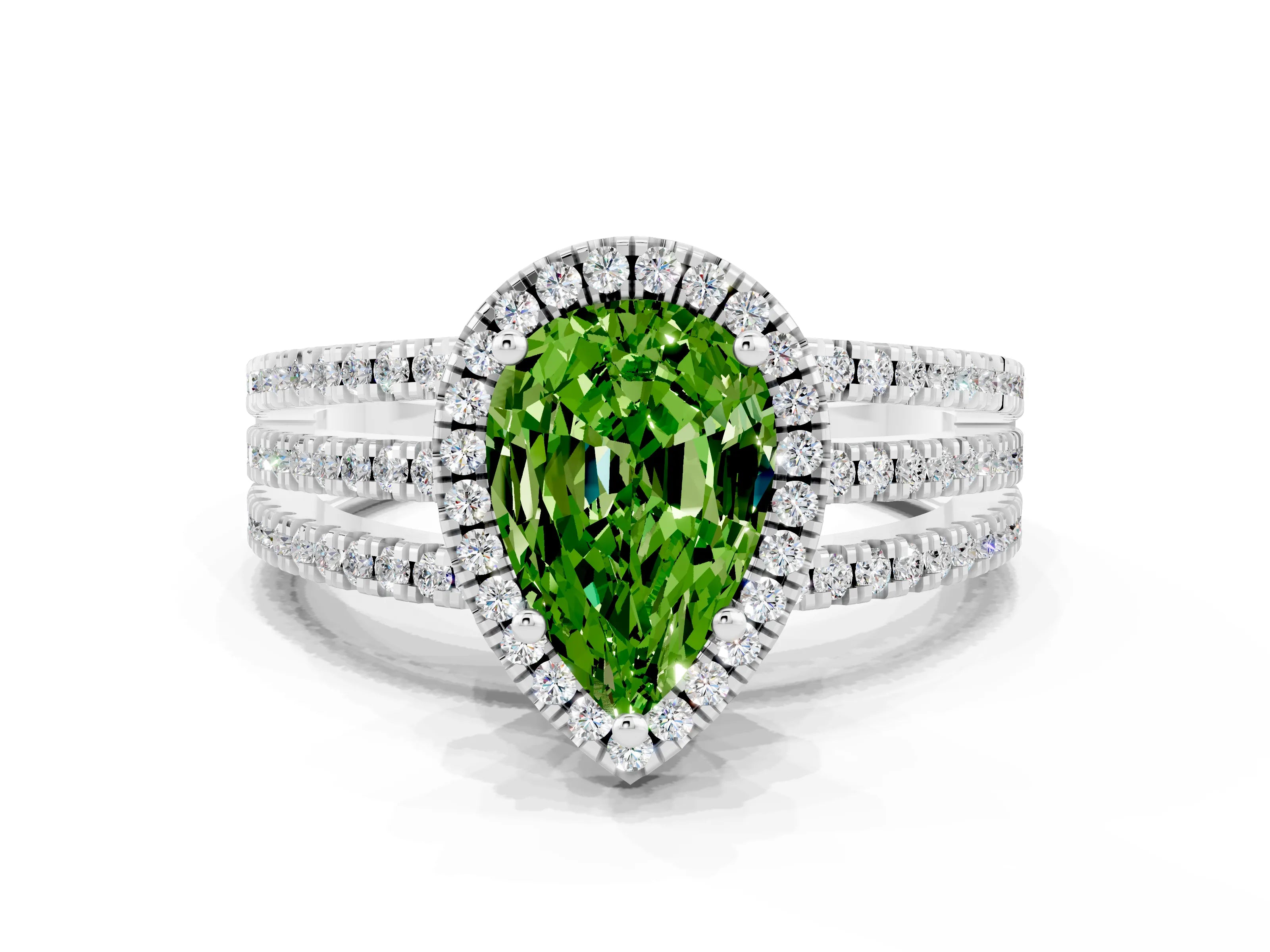 White gold {shape_name} Peridot Halo Engagement Ring with Split Shank and Four-Prong Setting_12