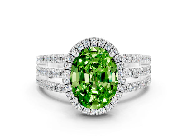 White gold Oval Cut Peridot Halo Engagement Ring with Split Shank and Four-Prong Setting
