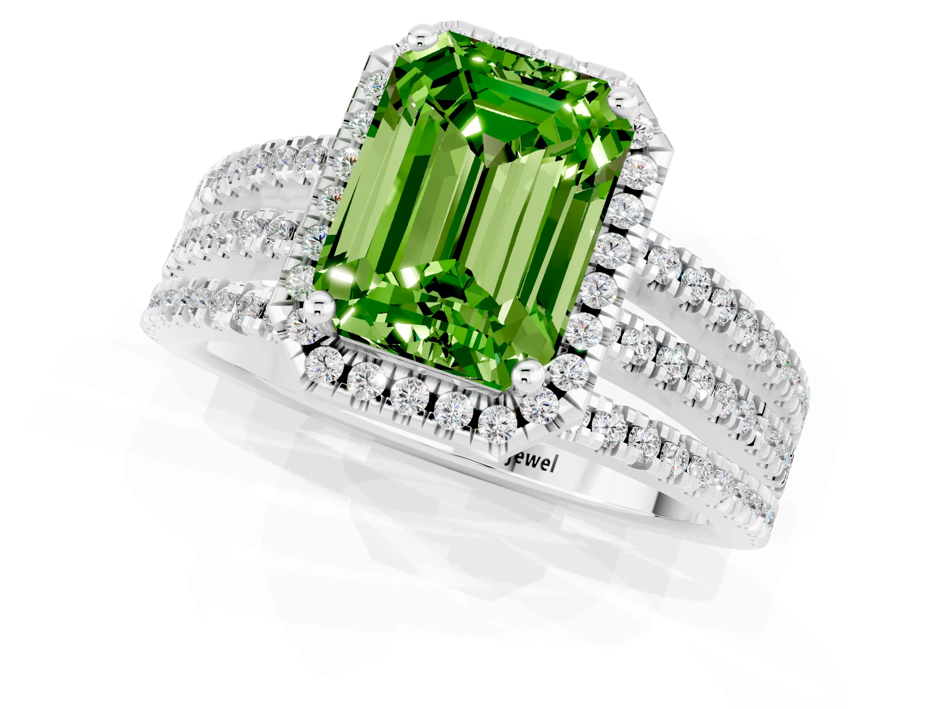 White gold {shape_name} Peridot Halo Engagement Ring with Split Shank and Four-Prong Setting_13
