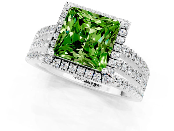 White gold Princess Cut Peridot Halo Engagement Ring with Split Shank and Four-Prong Setting