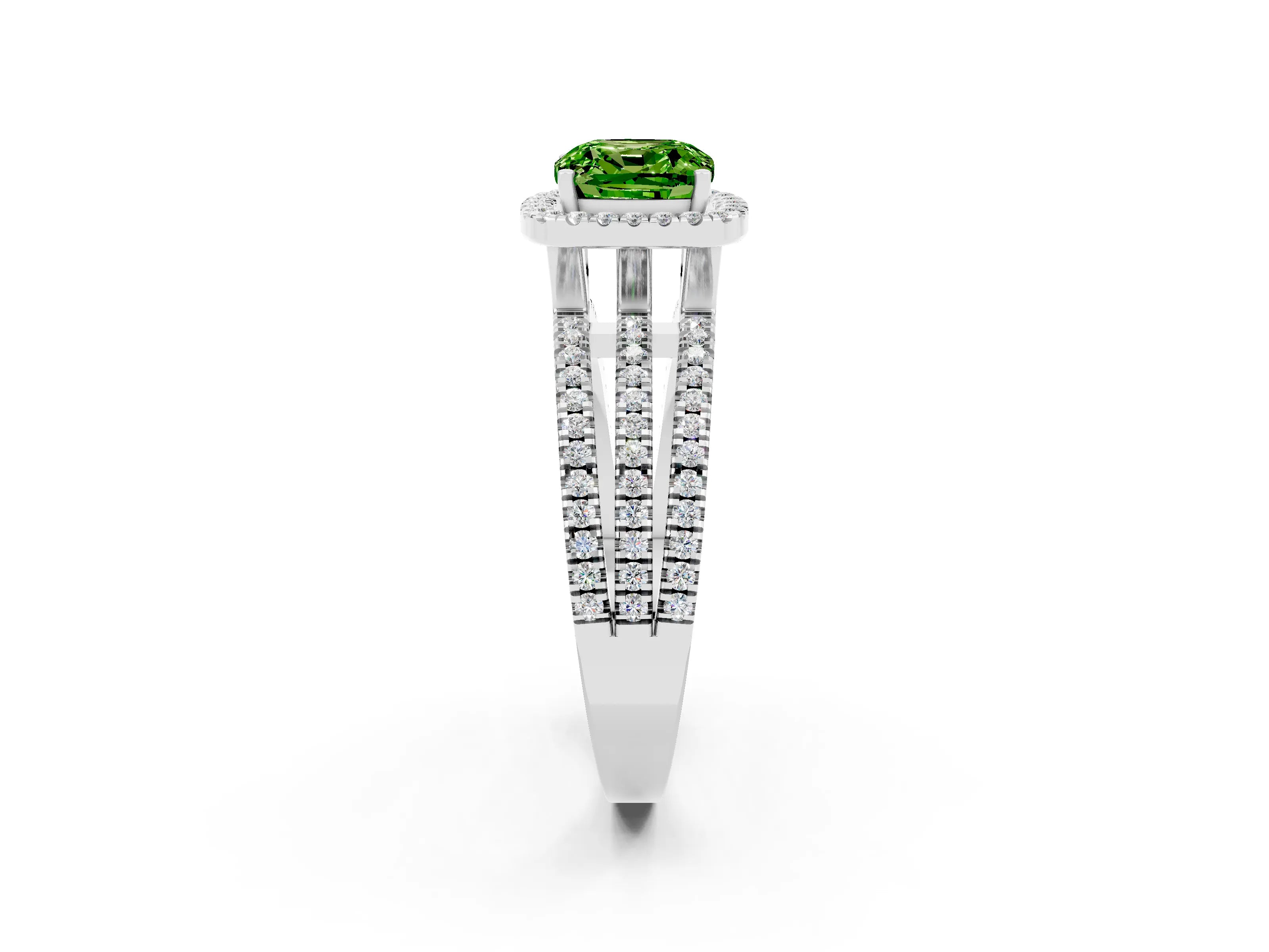 White gold {shape_name} Peridot Halo Engagement Ring with Split Shank and Four-Prong Setting_14