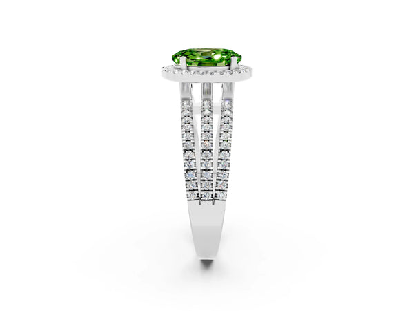 White gold Oval Cut Peridot Halo Engagement Ring with Split Shank and Four-Prong Setting