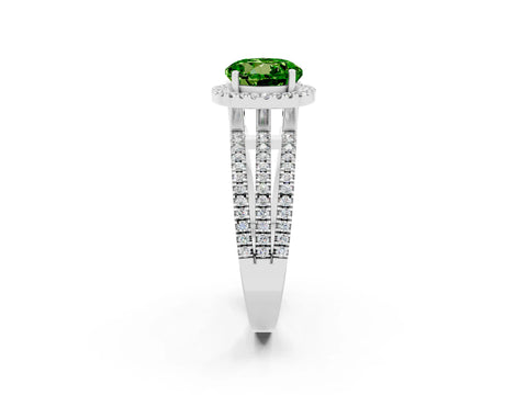 White gold {shape_name} Peridot Halo Engagement Ring with Split Shank and Four-Prong Setting_14