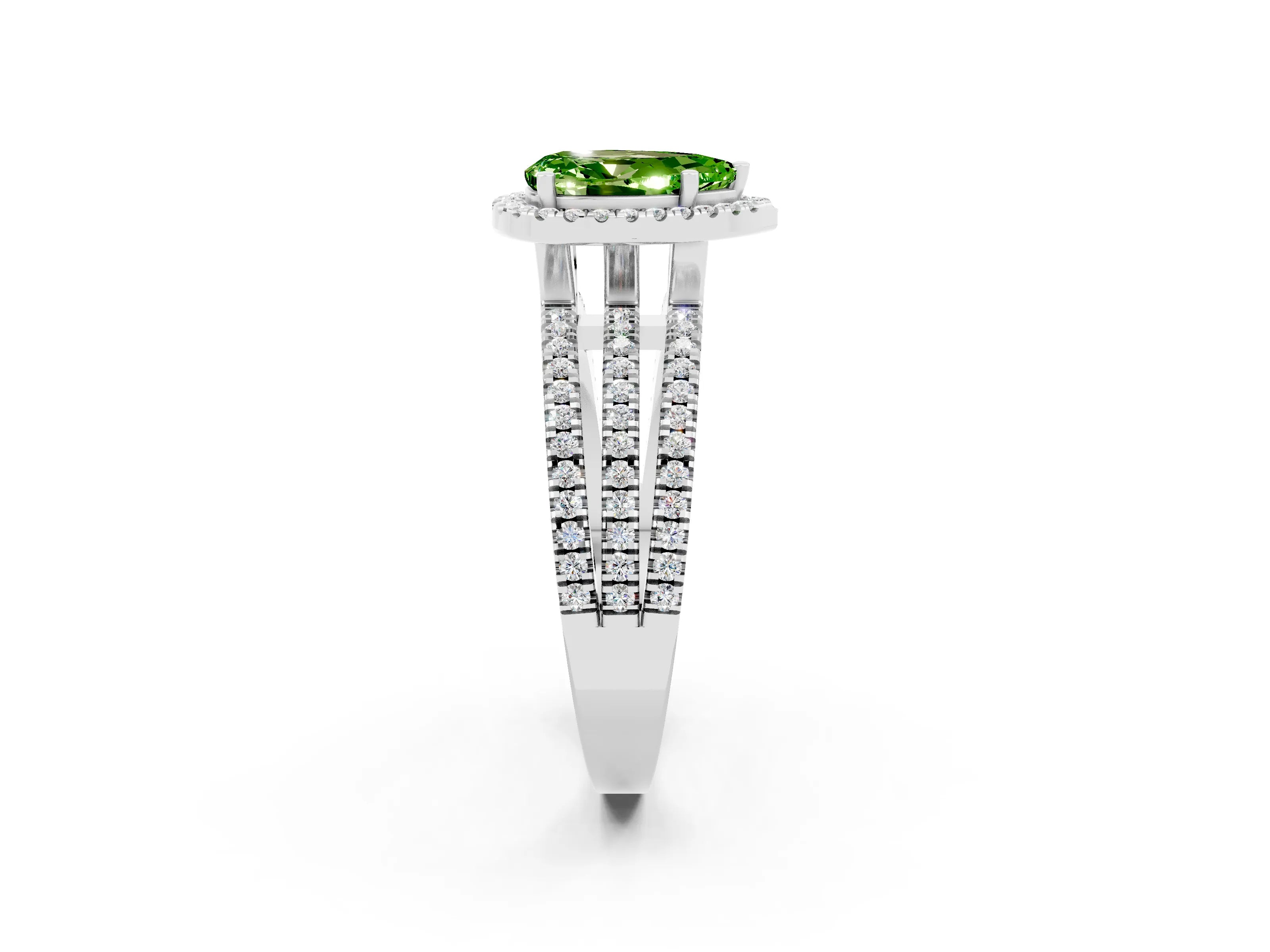 White gold {shape_name} Peridot Halo Engagement Ring with Split Shank and Four-Prong Setting_14