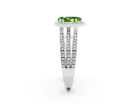 White gold {shape_name} Peridot Halo Engagement Ring with Split Shank and Four-Prong Setting_14