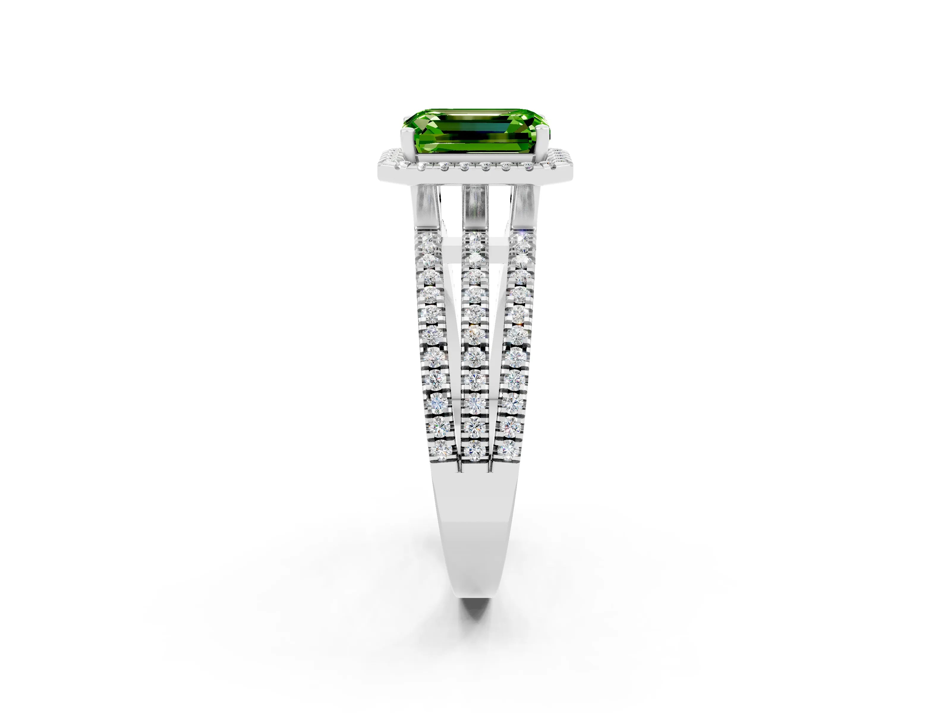 White gold {shape_name} Peridot Halo Engagement Ring with Split Shank and Four-Prong Setting_14