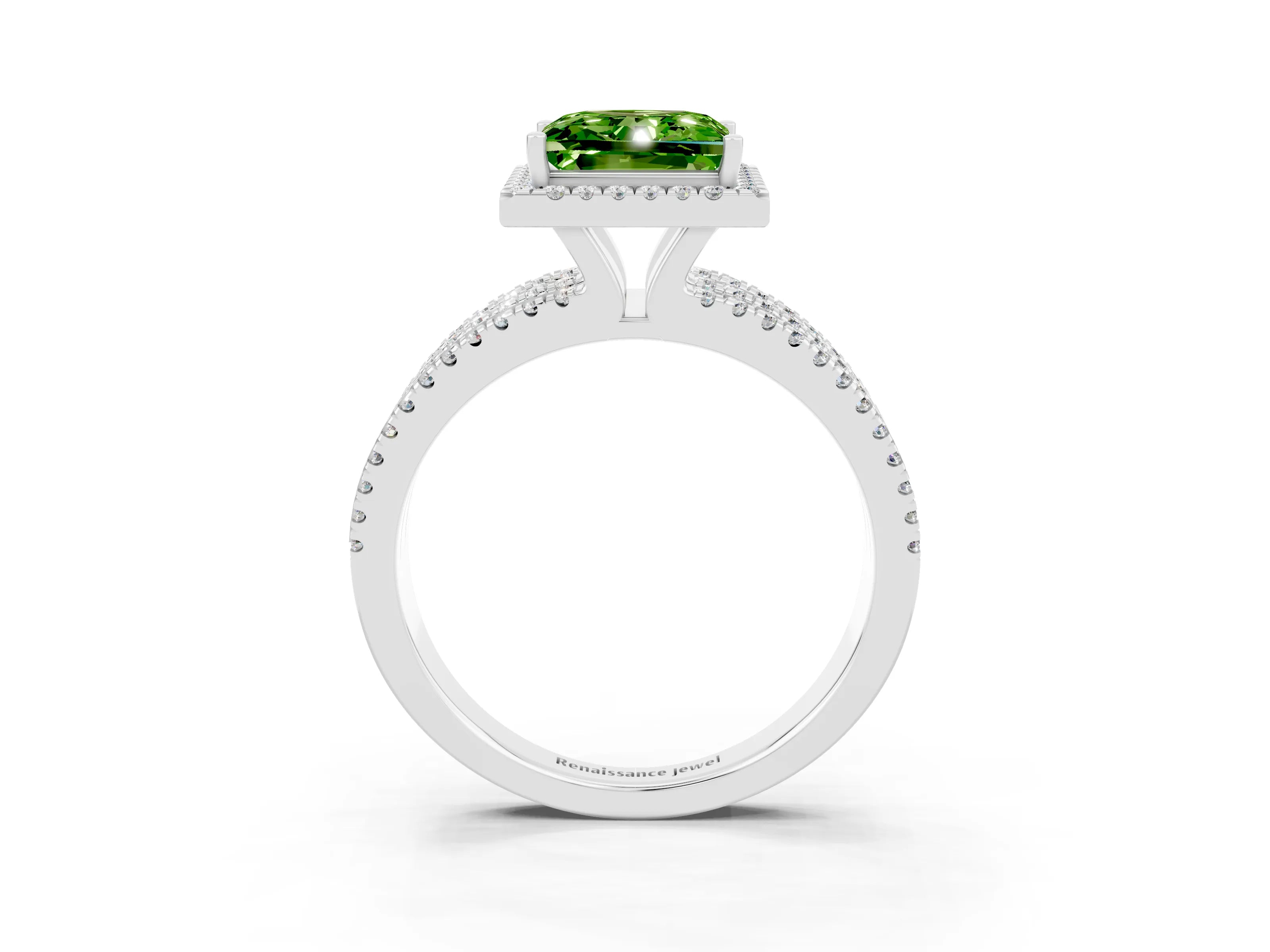 White gold {shape_name} Peridot Halo Engagement Ring with Split Shank and Four-Prong Setting_15