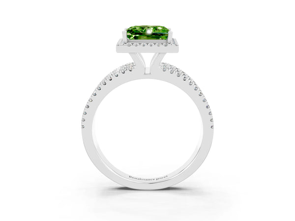 White gold Princess Cut Peridot Halo Engagement Ring with Split Shank and Four-Prong Setting
