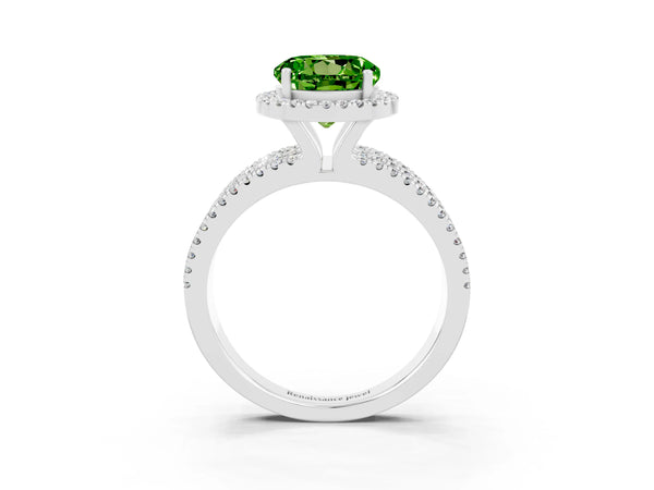 White gold Round Cut Peridot Halo Engagement Ring with Split Shank and Four-Prong Setting