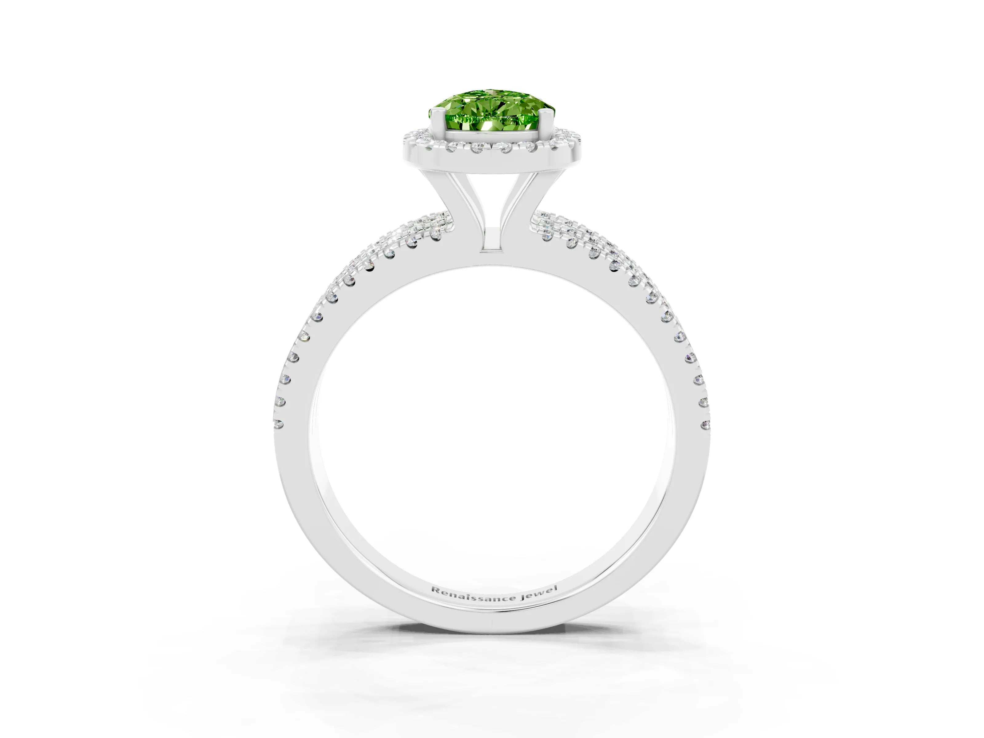 White gold {shape_name} Peridot Halo Engagement Ring with Split Shank and Four-Prong Setting_15