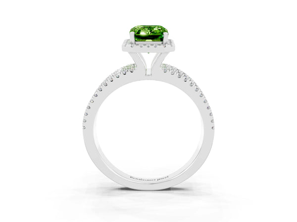 White gold Emerald Cut Peridot Halo Engagement Ring with Split Shank and Four-Prong Setting