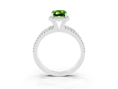 White gold {shape_name} Peridot Halo Engagement Ring with Split Shank and Four-Prong Setting_15