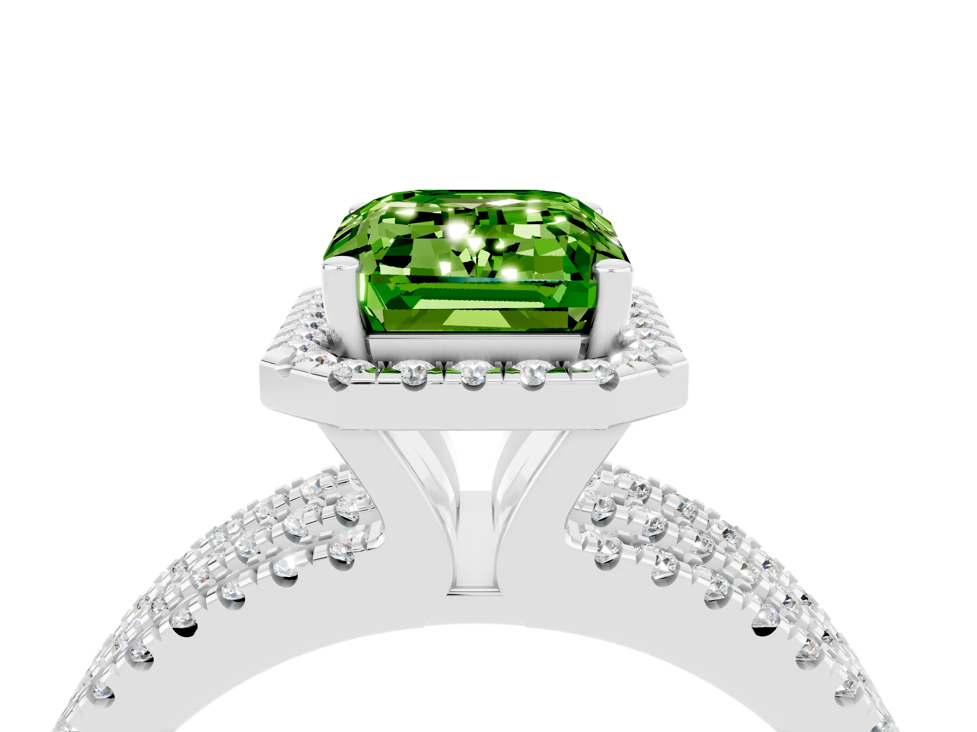 White gold {shape_name} Peridot Halo Engagement Ring with Split Shank and Four-Prong Setting_16