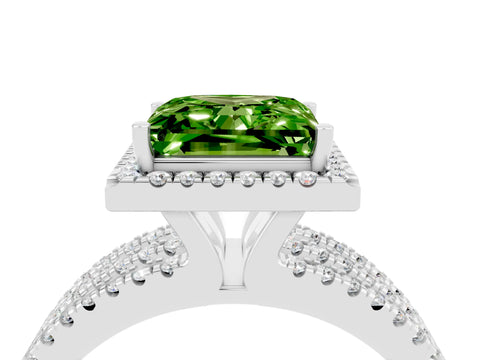 White gold {shape_name} Peridot Halo Engagement Ring with Split Shank and Four-Prong Setting_16