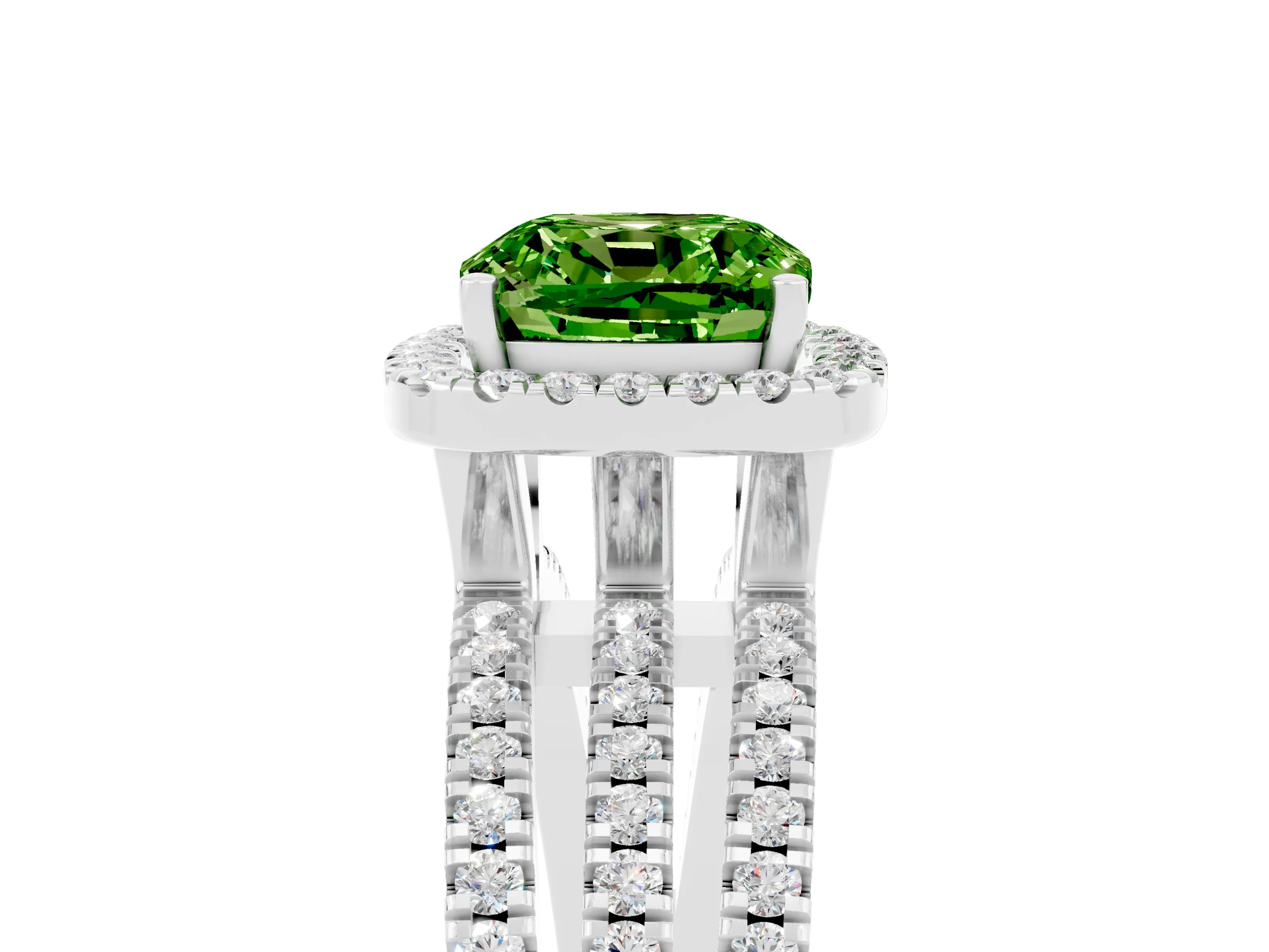 White gold {shape_name} Peridot Halo Engagement Ring with Split Shank and Four-Prong Setting_17