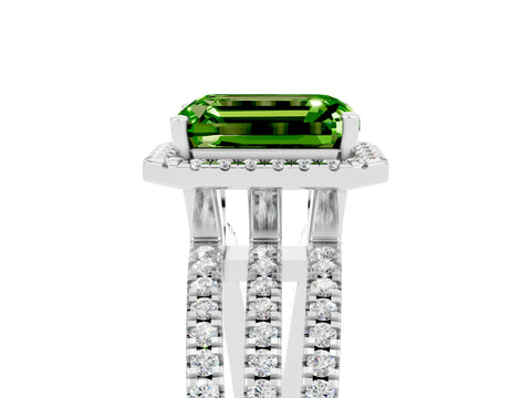 White gold {shape_name} Peridot Halo Engagement Ring with Split Shank and Four-Prong Setting_17