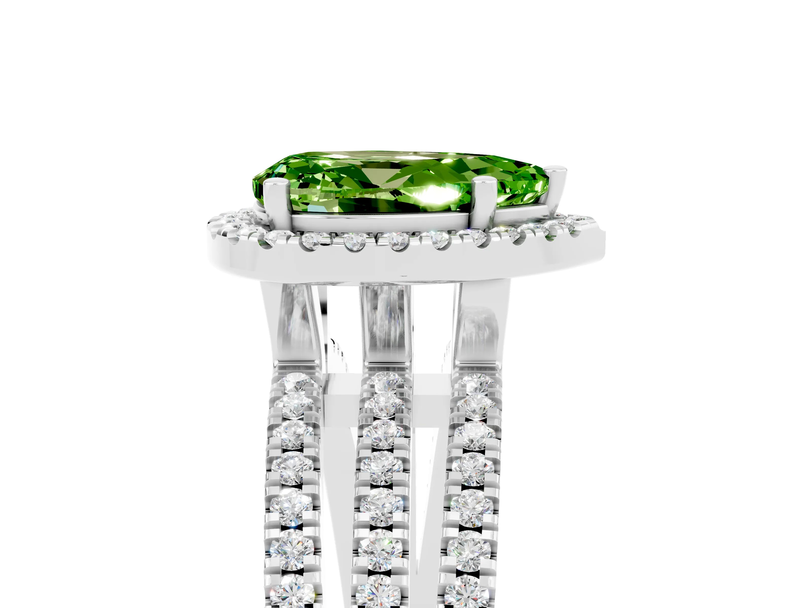 White gold {shape_name} Peridot Halo Engagement Ring with Split Shank and Four-Prong Setting_17