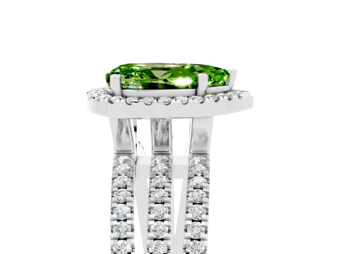 White gold {shape_name} Peridot Halo Engagement Ring with Split Shank and Four-Prong Setting_17