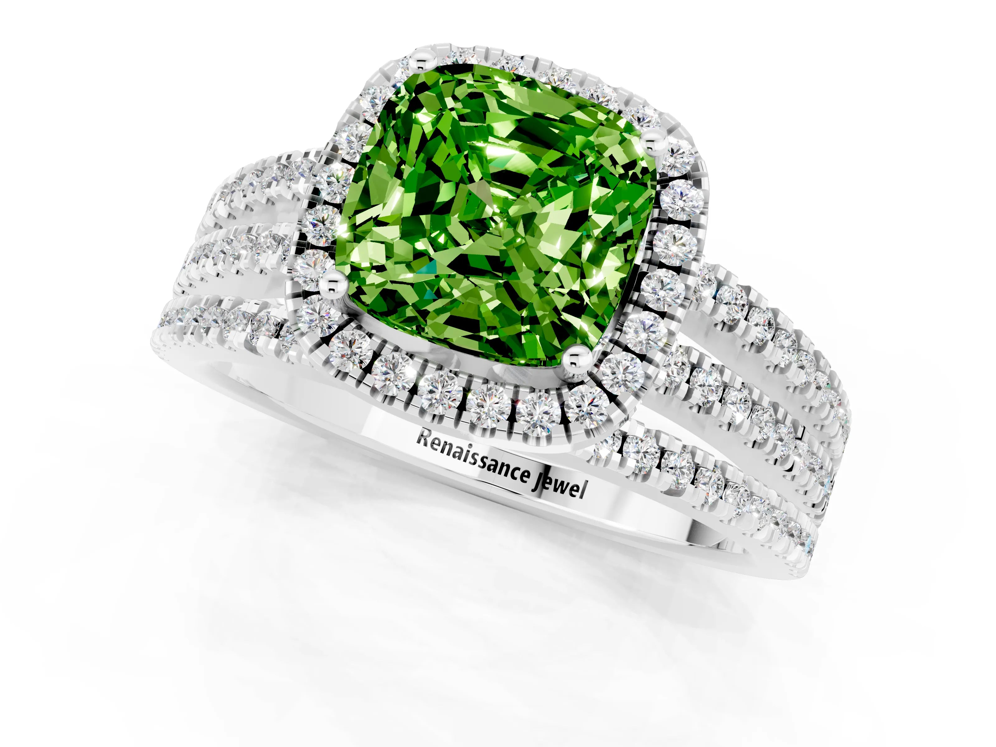White gold {shape_name} Peridot Halo Engagement Ring with Split Shank and Four-Prong Setting_1