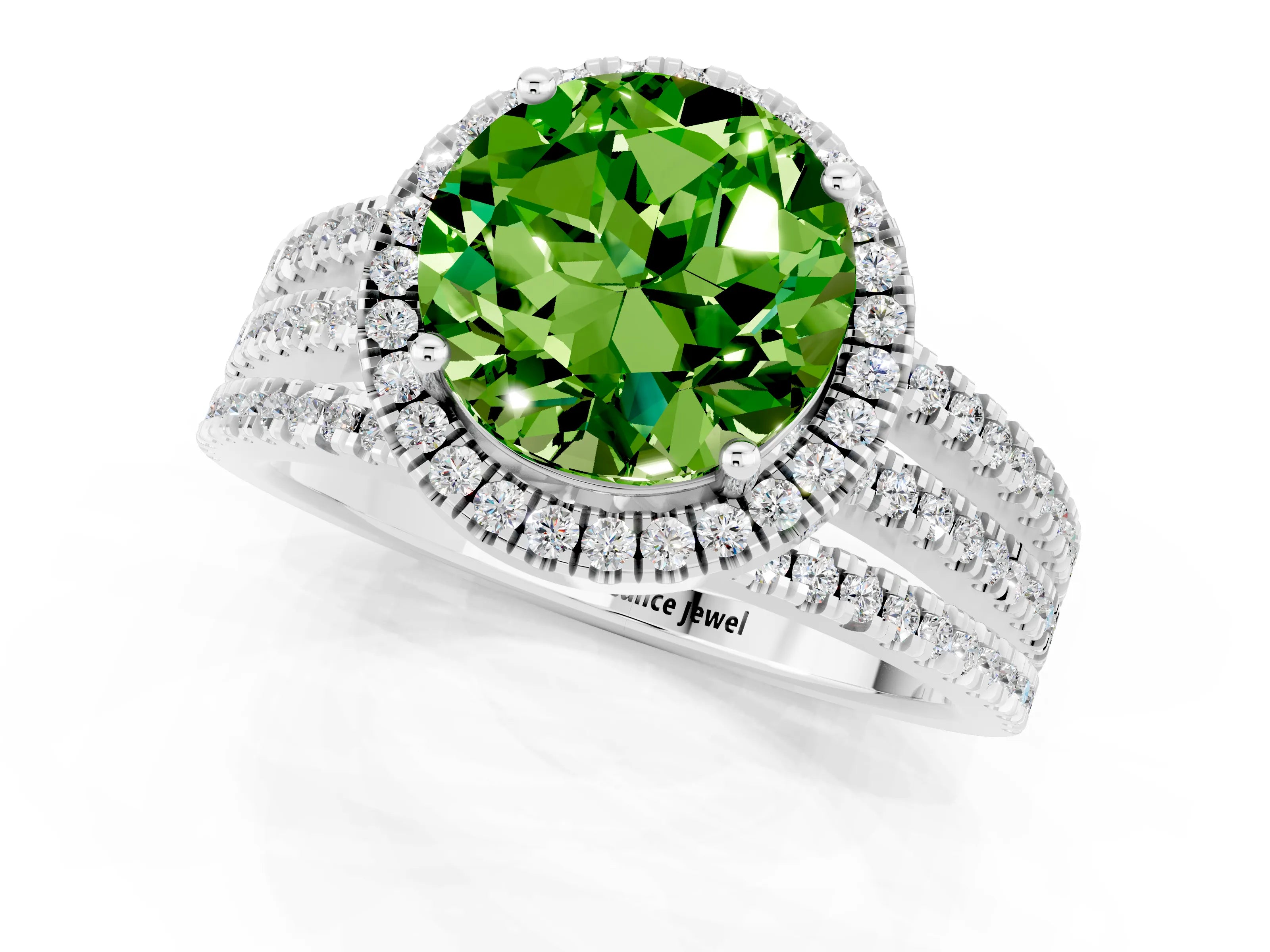 White gold {shape_name} Peridot Halo Engagement Ring with Split Shank and Four-Prong Setting_1