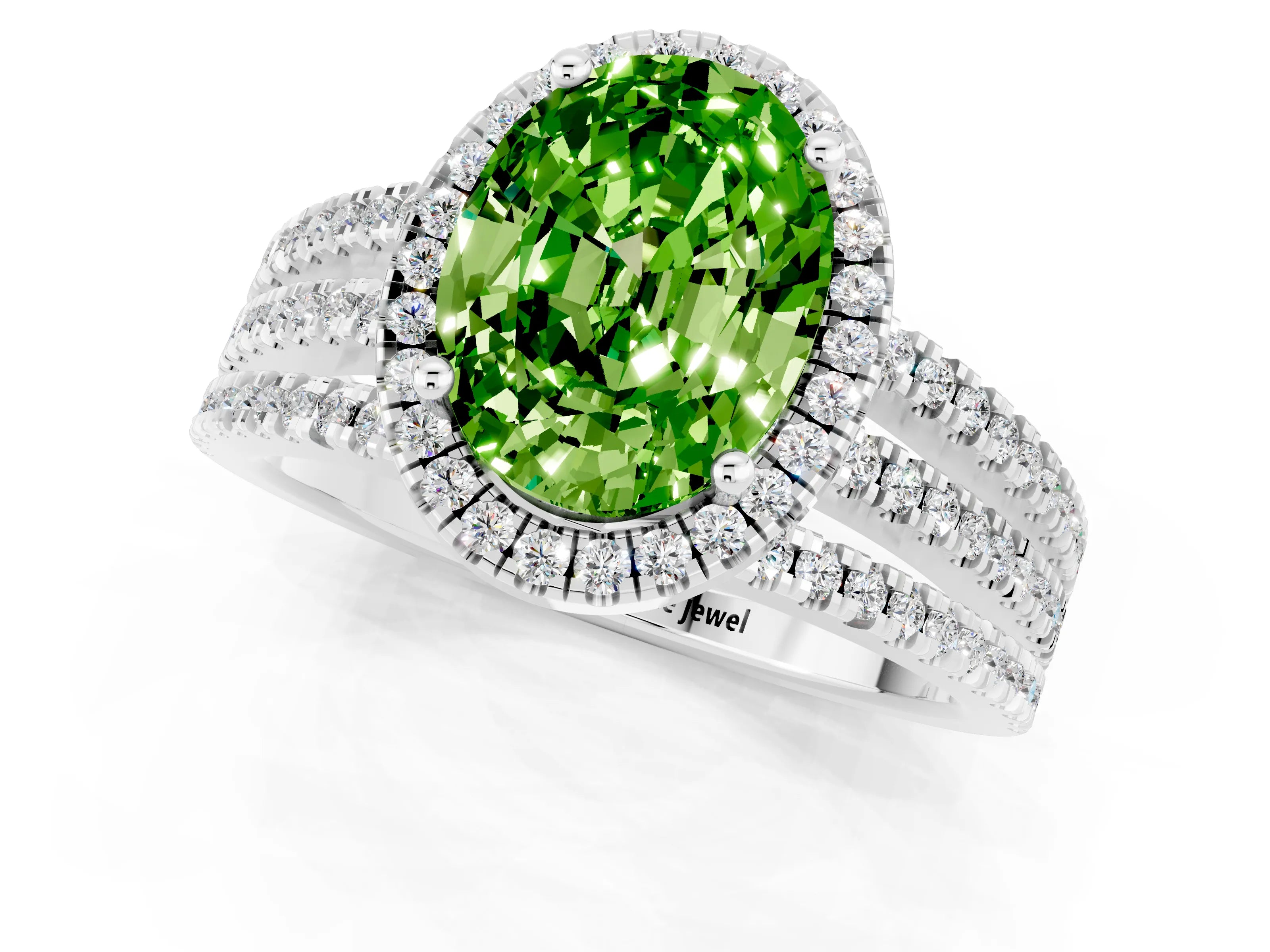 White gold {shape_name} Peridot Halo Engagement Ring with Split Shank and Four-Prong Setting_1