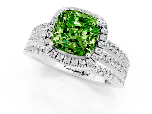 Silver Cushion Cut Peridot Halo Engagement Ring with Split Shank and Four-Prong Setting