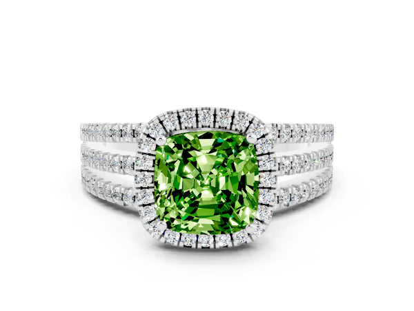 Silver Cushion Cut Peridot Halo Engagement Ring with Split Shank and Four-Prong Setting