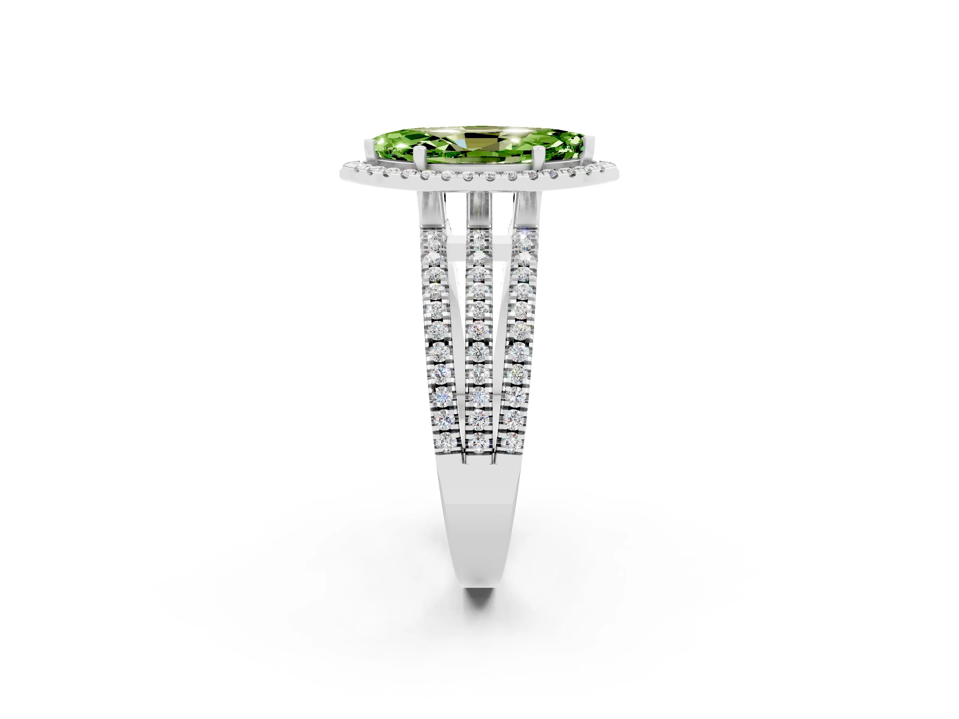 White gold {shape_name} Peridot Halo Engagement Ring with Split Shank and Four-Prong Setting_2
