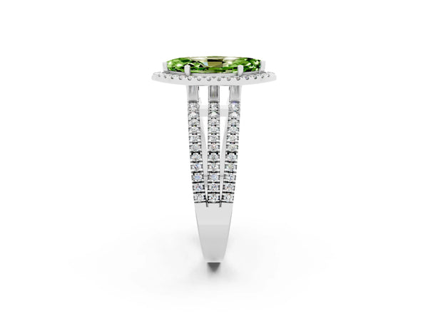Platinum Marquise Cut Peridot Halo Engagement Ring with Split Shank and Four-Prong Setting