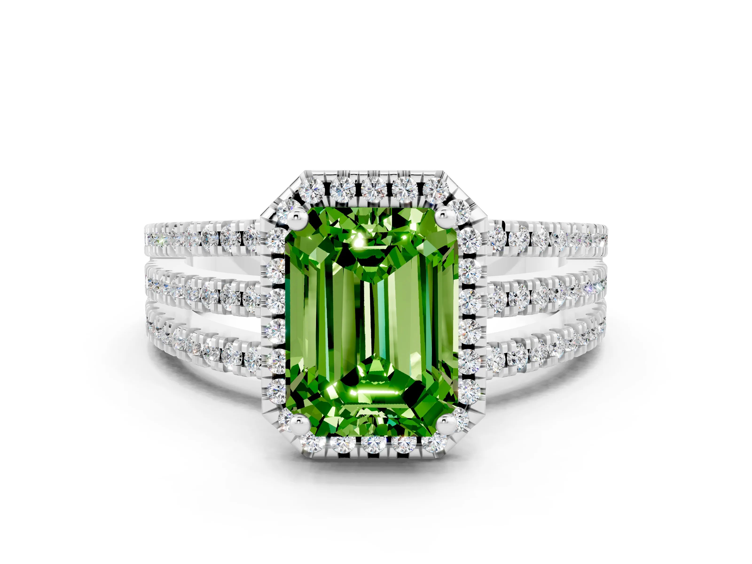 White gold {shape_name} Peridot Halo Engagement Ring with Split Shank and Four-Prong Setting