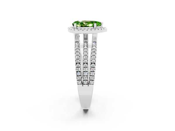 Silver Pear Cut Peridot Halo Engagement Ring with Split Shank and Four-Prong Setting
