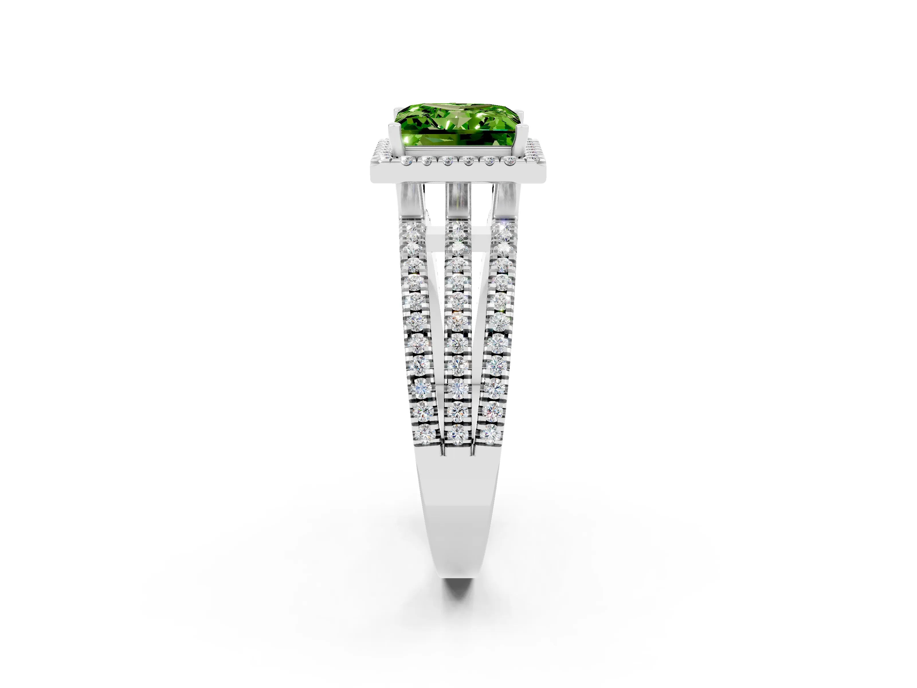 White gold {shape_name} Peridot Halo Engagement Ring with Split Shank and Four-Prong Setting_2