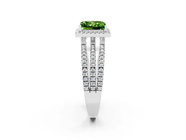 Platinum Princess Cut Peridot Halo Engagement Ring with Split Shank and Four-Prong Setting