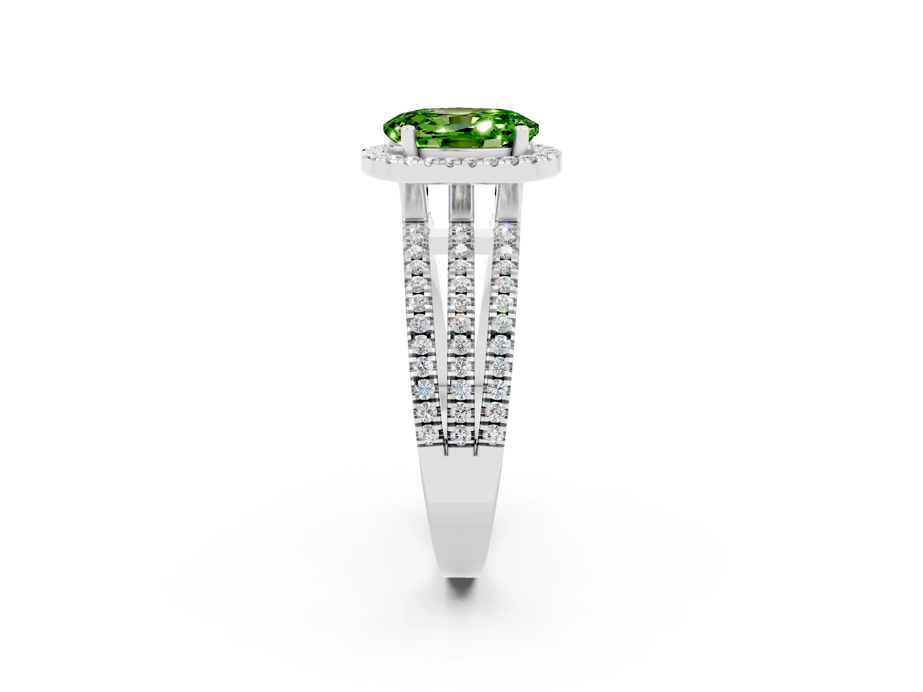White gold {shape_name} Peridot Halo Engagement Ring with Split Shank and Four-Prong Setting_2