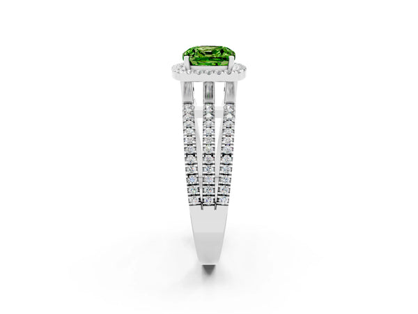 Silver Cushion Cut Peridot Halo Engagement Ring with Split Shank and Four-Prong Setting