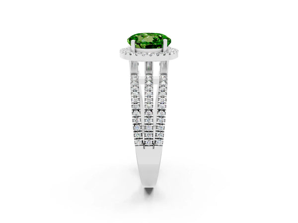 Silver Round Cut Peridot Halo Engagement Ring with Split Shank and Four-Prong Setting