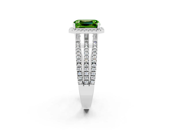 Platinum Emerald Cut Peridot Halo Engagement Ring with Split Shank and Four-Prong Setting