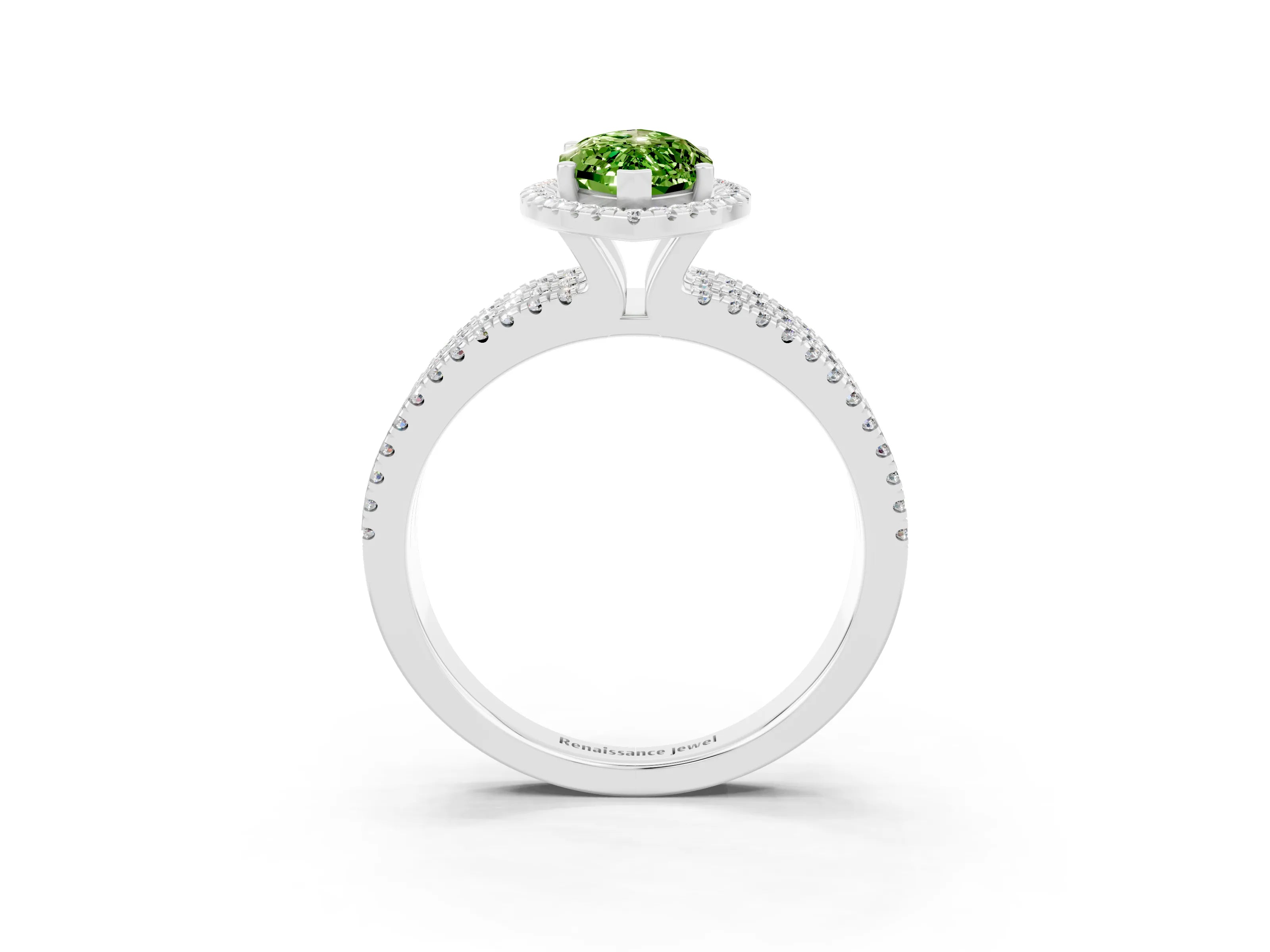White gold {shape_name} Peridot Halo Engagement Ring with Split Shank and Four-Prong Setting_3