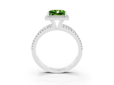 White gold {shape_name} Peridot Halo Engagement Ring with Split Shank and Four-Prong Setting_3