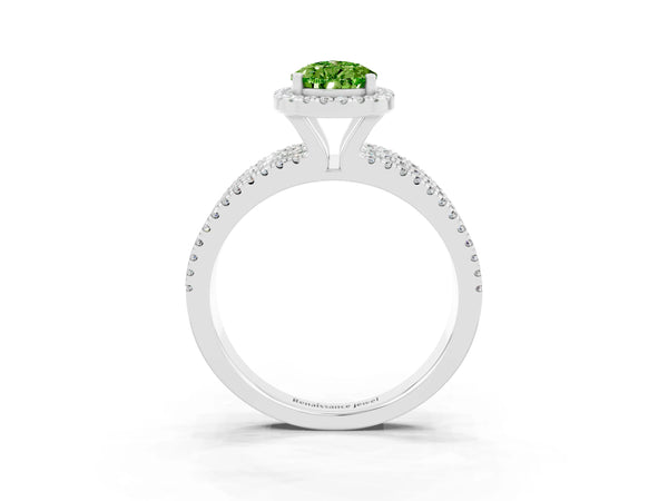 Platinum Pear Cut Peridot Halo Engagement Ring with Split Shank and Four-Prong Setting
