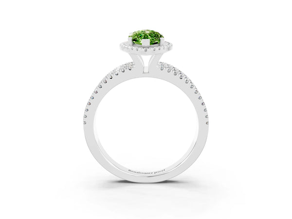 Silver Marquise Cut Peridot Halo Engagement Ring with Split Shank and Four-Prong Setting