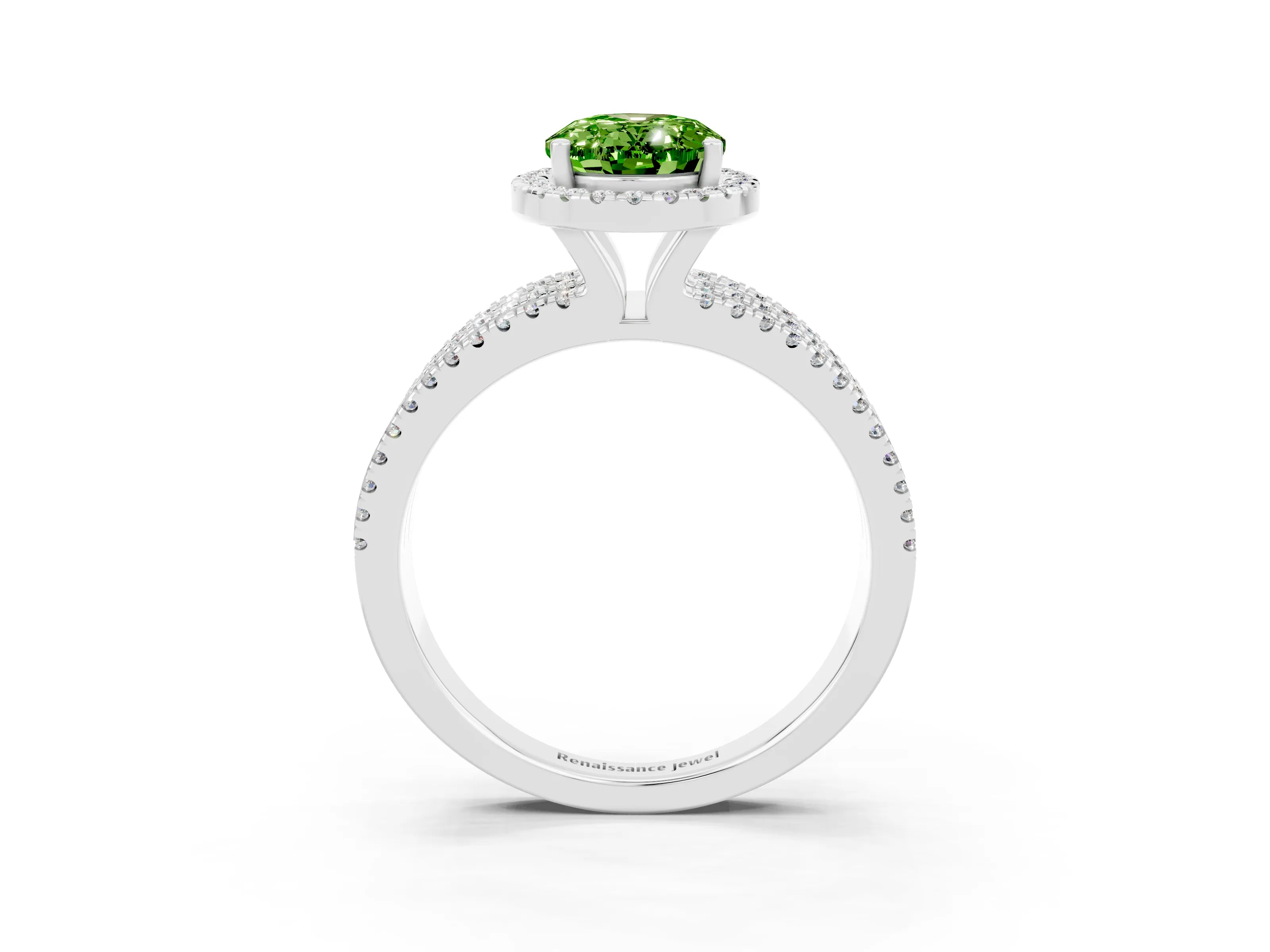 White gold {shape_name} Peridot Halo Engagement Ring with Split Shank and Four-Prong Setting_3