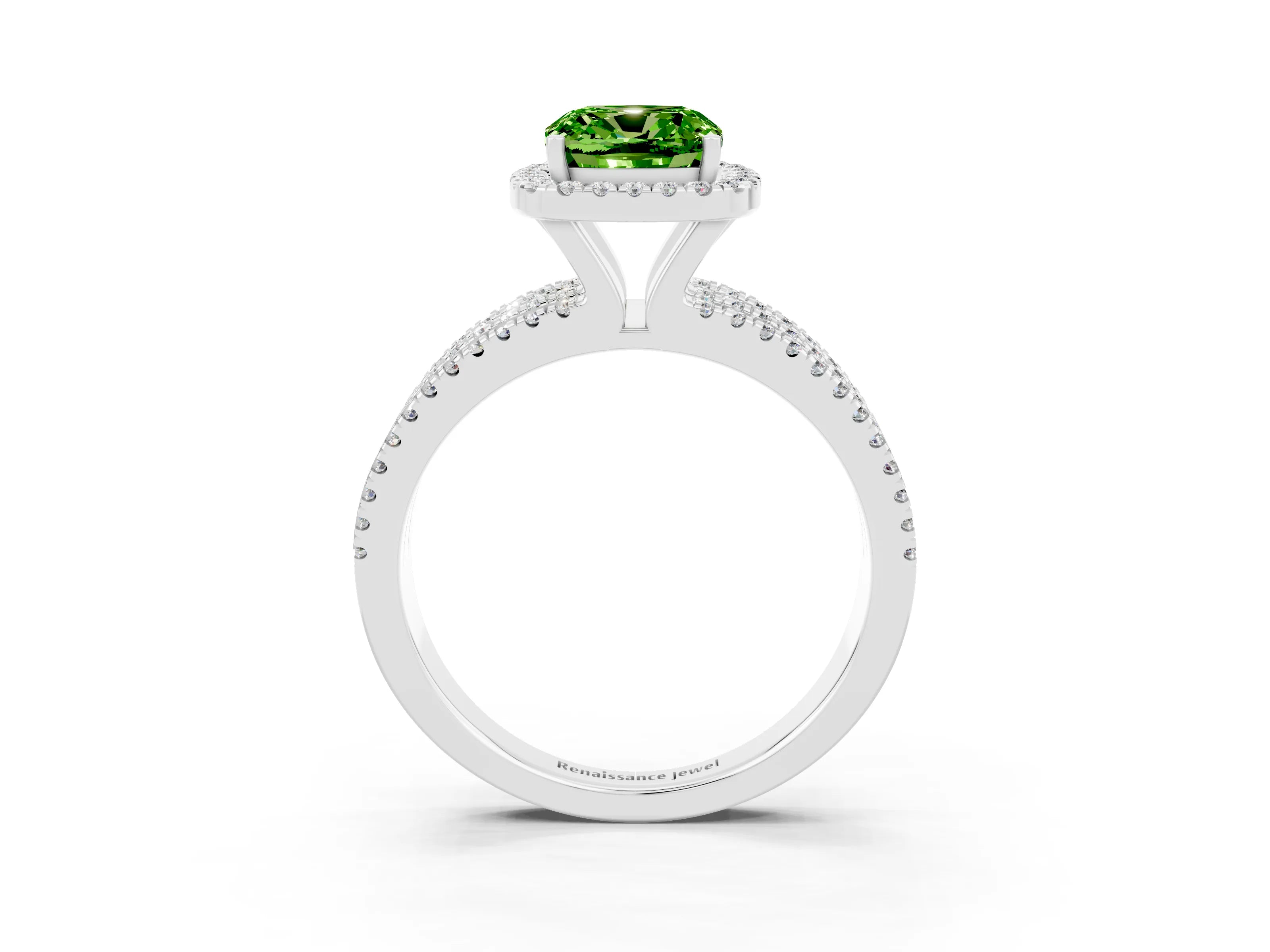White gold {shape_name} Peridot Halo Engagement Ring with Split Shank and Four-Prong Setting_3