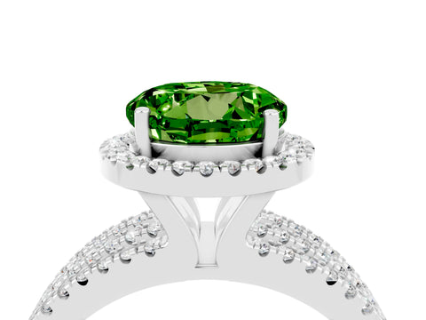 White gold {shape_name} Peridot Halo Engagement Ring with Split Shank and Four-Prong Setting_4