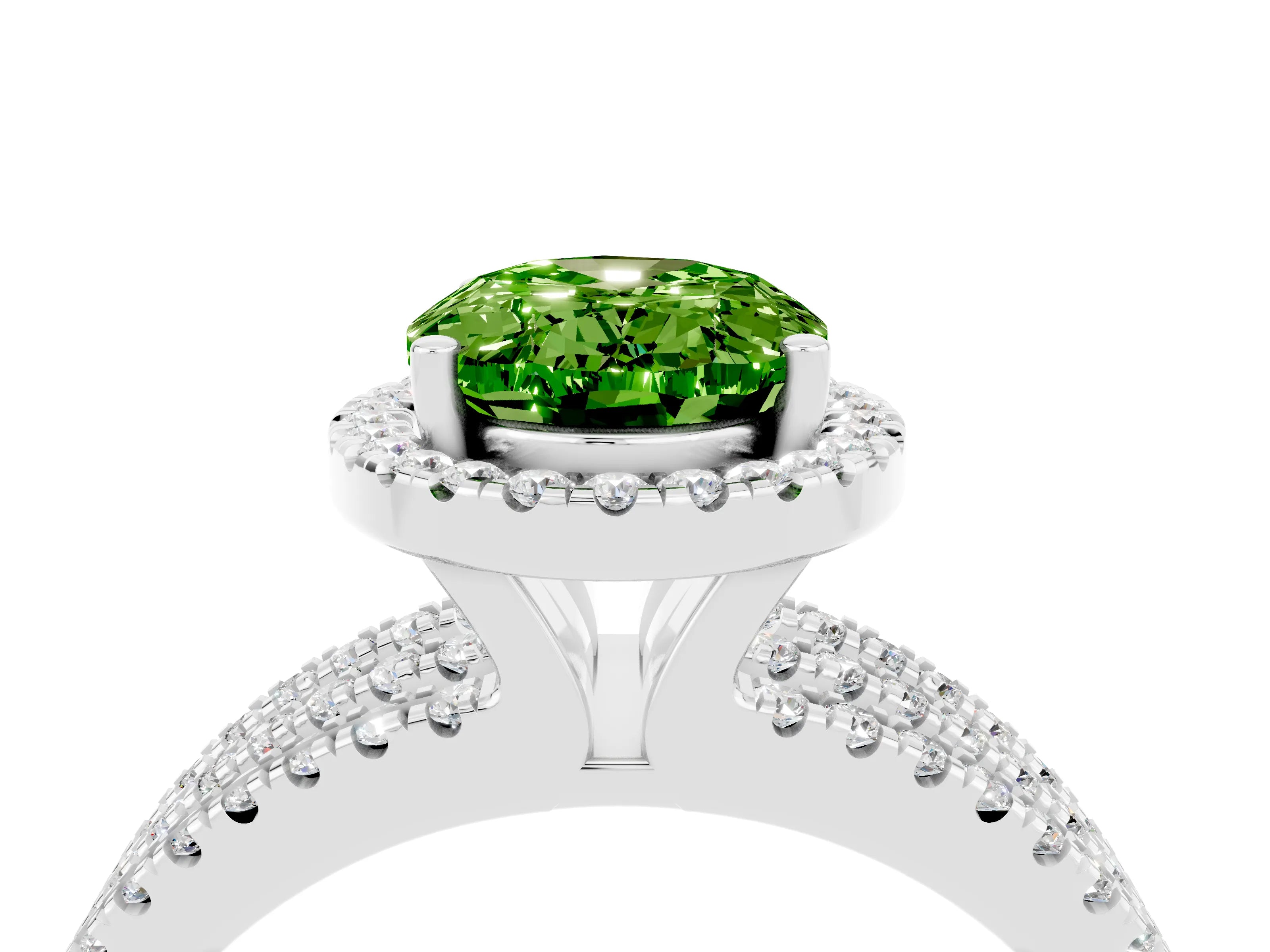 White gold {shape_name} Peridot Halo Engagement Ring with Split Shank and Four-Prong Setting_4