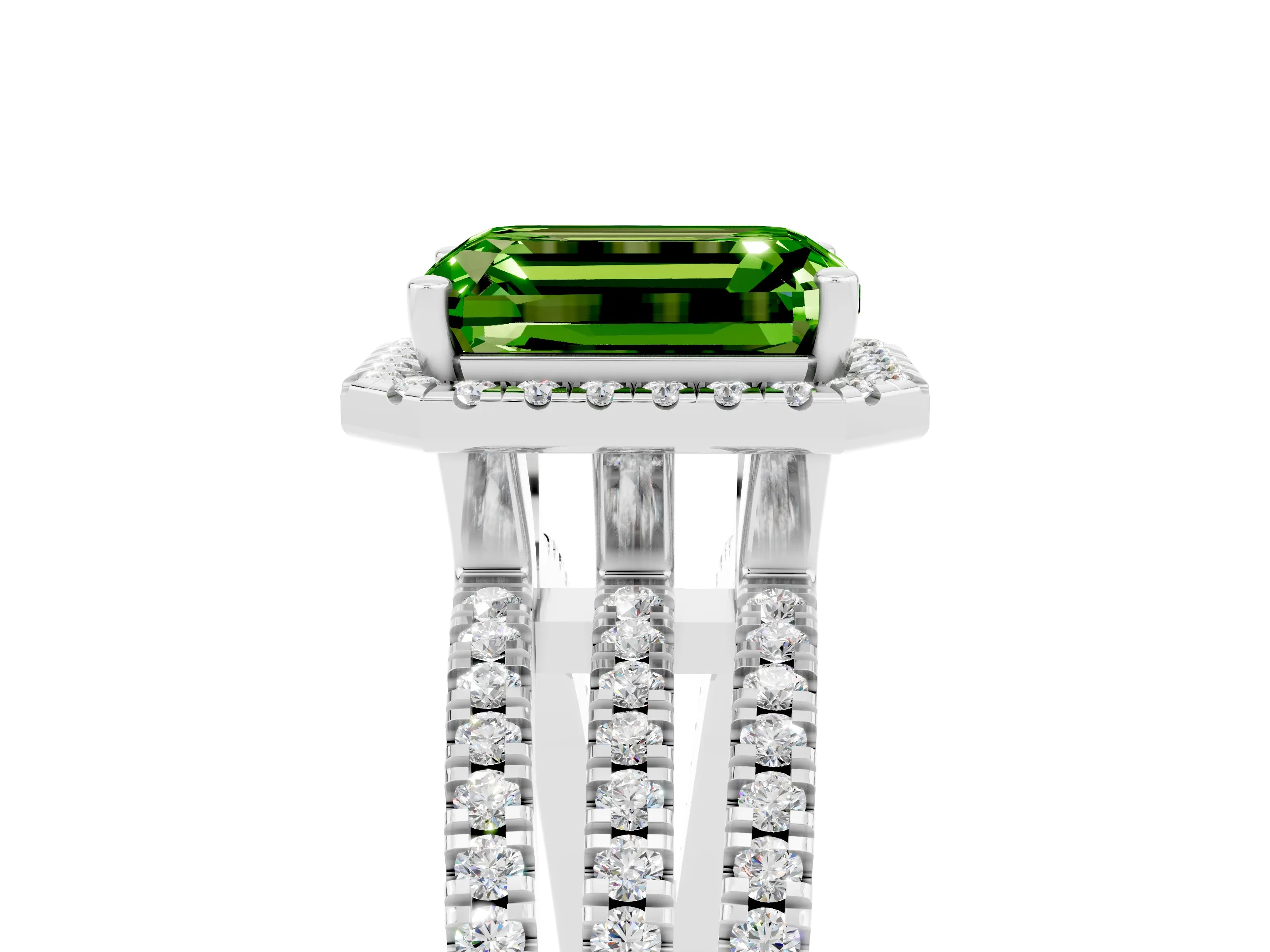 White gold {shape_name} Peridot Halo Engagement Ring with Split Shank and Four-Prong Setting_5