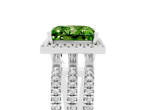 White gold {shape_name} Peridot Halo Engagement Ring with Split Shank and Four-Prong Setting_5