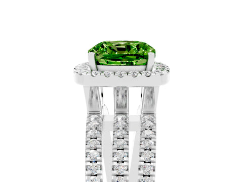 White gold {shape_name} Peridot Halo Engagement Ring with Split Shank and Four-Prong Setting_5